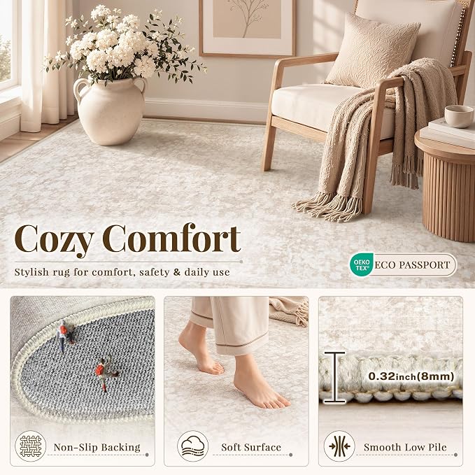 9x12 Area Rug for Living Room: Boho Vintage Washable Rug Non-Slip Soft Stain Repellent Area Rugs Indoor Low-Pile Large Carpet for Bedroom Office Dining Room Playroom Farmhouse (Beige, 9'x12')