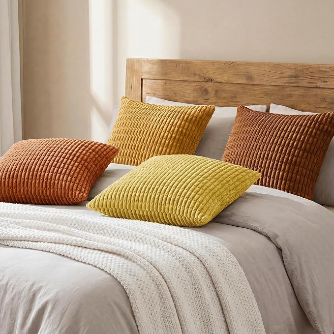 Softalker Fall Throw Pillow Covers 16x16 Inch, Set of 4, Corduroy Soft Striped Farmhouse Boho Pillow Cover, Modern Farmhouse Boho Autumn Home Decor for Living Room Bed Sofa, Orange/Rust