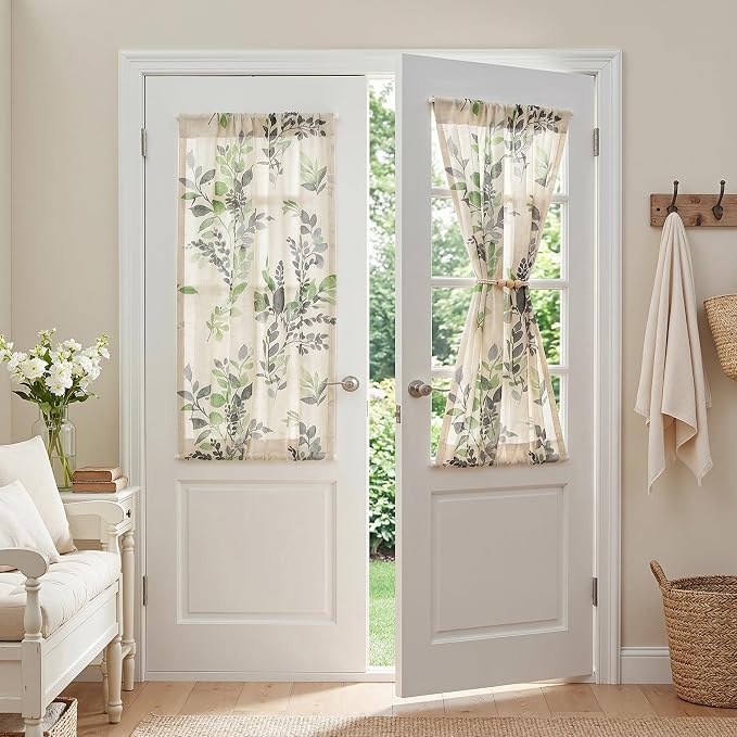 MYSKY HOME Floral Linen French Door Curtains 40 inch Long 2 Panels for Front Door Light Filtering Privacy Semi Sheer Window Curtains with Rod Pocket, Green, 24" W Each Panel