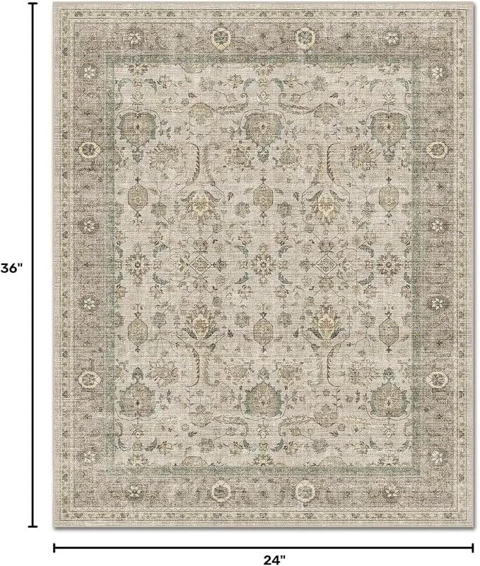 Washable 2x3 Entryway Rug, Boho Vintage Non-Slip Door Mat, Flaxen/Tan | 0.3" Neutral Throw Small Rugs for Bedroom Kitchen Nursery Entrance, Cushioned for High-traffic Area