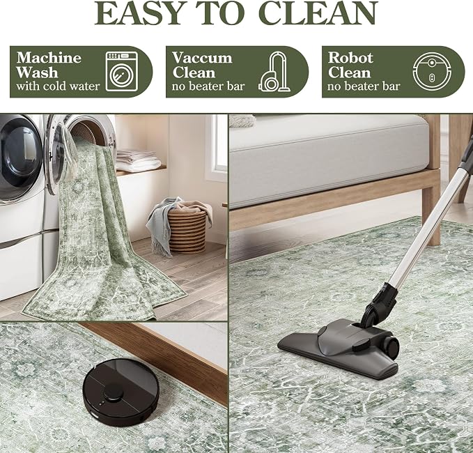 Collive Large Green Area Rug for Living Room 9x12, Washable Area Rug Non Slip Vintage Farmhouse Bedroom Carpet Stain Resistant Ultra-Thin Low Pile Aesthetic Print Floor Rug for Dining Guest Office