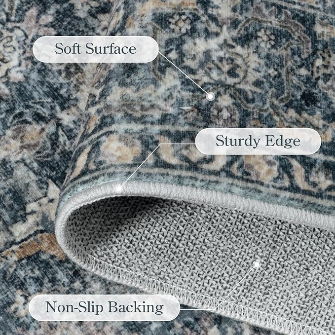 Collive Washable Area Rug 8x10, Vintage Distressed Rugs for Living Room Rugs 8x10 Non Slip Modern Bedroom Carpet Stain Resistant Aesthetic Print Accent Floor Mat for Dining Office - Blue/Grey