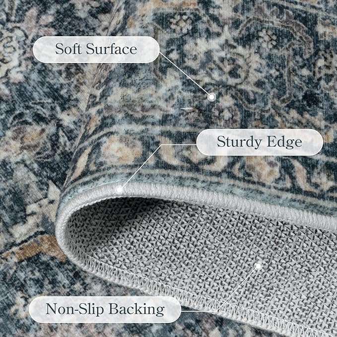 Collive Large Area Rug for Living Room 9x12, Washable Area Rug 9x12 Non Slip Vintage Distressed Bedroom Carpet Ultra-Thin Low Pile Aesthetic Print Floor Rug for Dining Guest Office - Blue/Grey