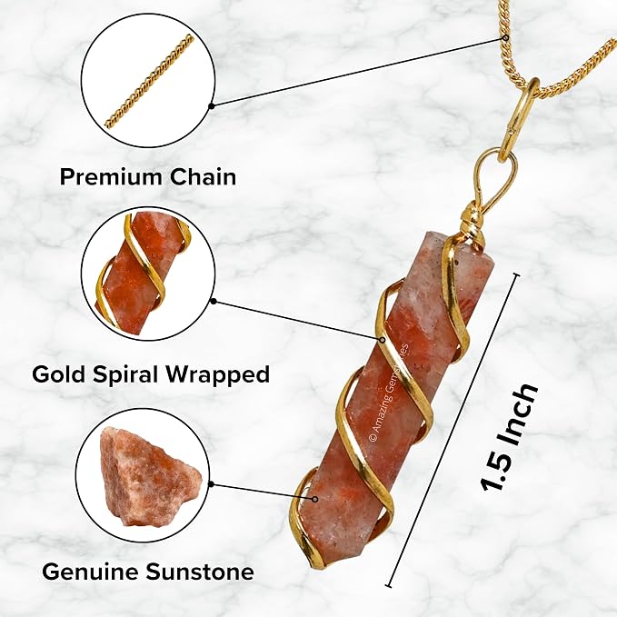 Amazing Gemstone Sunstone Crystal Necklace Pendant For Women, Gold Wire Wrapped Dainty Minimalist Healing Crystal Necklaces For Men Unisex Necklace Jewelry Adjustable Chain & Leather Cord