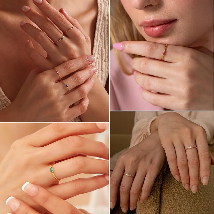 RLMOON Birthstone Rings for Women Non Tarnish Gold Stackable Rings Dainty 14K Gold/Silver Plated Baguette CZ Emerald Green Pinky Ring Personalized Jewelry Gift for Birthday Size 4-10