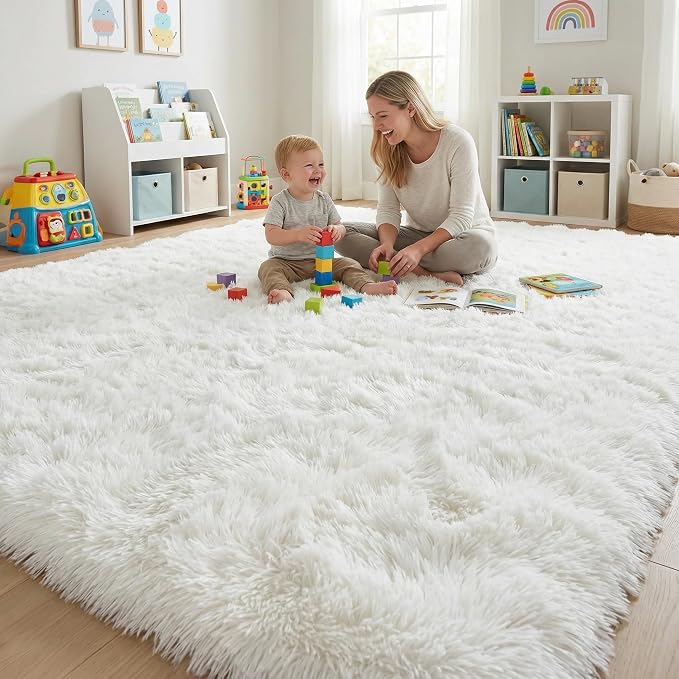 Fluffy Rugs for Living Room: White Soft Shag Rug for Bedroom, Large Fuzzy Plush Indoor Carpet Non Slip Modern Rug for Nursery Kids Room Dorms Office Home Decor, 9x11 Feet