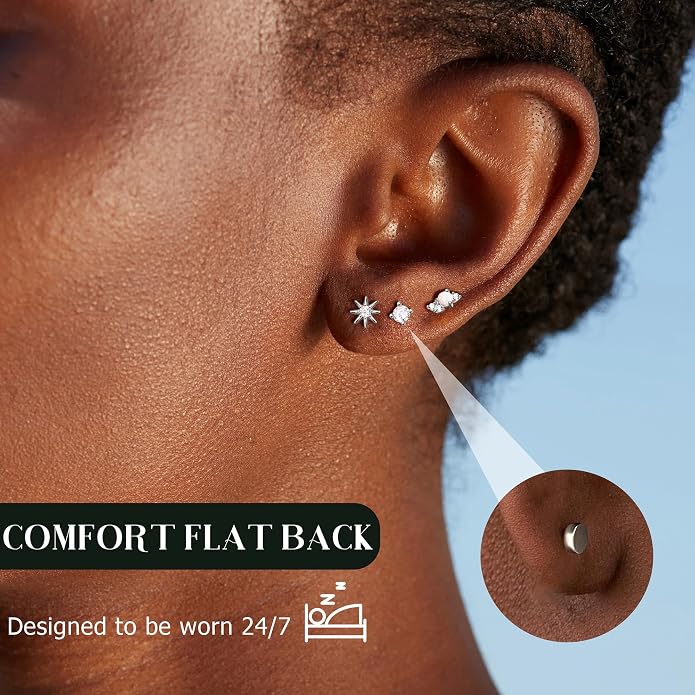 14K Gold Plated Solid 925 Sterling Silver Post Flat Back Earrings Stud | Cartilage Helix Conch Tragus Piercing Jewelry 3 Pairs Tiny Screw Dainty CZ Opal Earring Set Men Women
