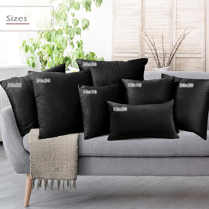 Nestl Throw Pillow Covers, Cozy Velvet Decorative Autumn Pillow Covers 22 x 22 Inches, Soft Solid Couch Pillow Covers for Sofa, Bed and Car, Set of 4 - Black