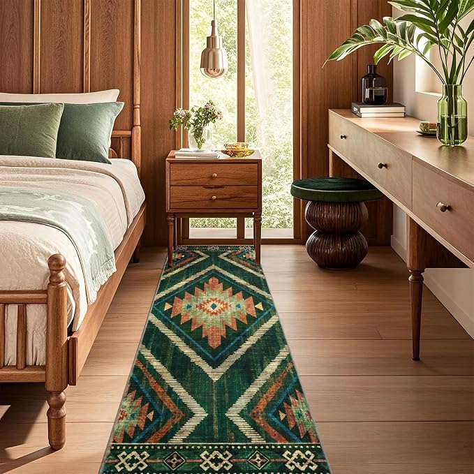 Runner Rugs for Hallway Boho 2x6Ft Non Slip, Green Moroccan Washable Farmhouse Kitchen Rug Runner Non Slip, Soft Geometric Bedroom Entryway Floor Carpet for Entrance Home Decor