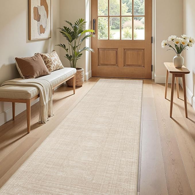 Nakagishi Washable Runner Rug 2x8: Vintage Neutral Non-Slip Entryway Rug for Hallway & Kitchen, Soft Low Pile Floor Carpet for Bedroom - Beige