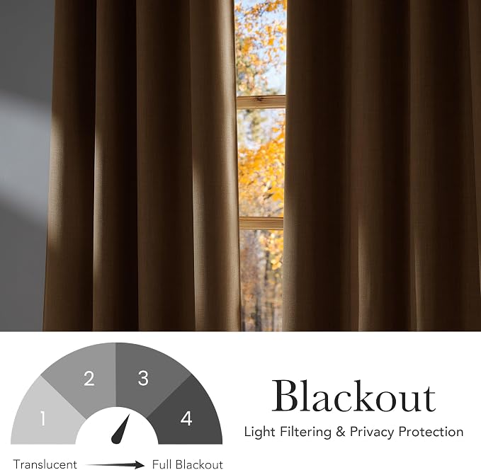NICETOWN Caramel Faux Linen Room Darkening Rod Pocket Curtains 63 inch Length, W42 x L63, Light Blocking Thermal Insulated Noise Reducing Drapes for Bedroom Living Room Farmhouse Decor, 2 Panels