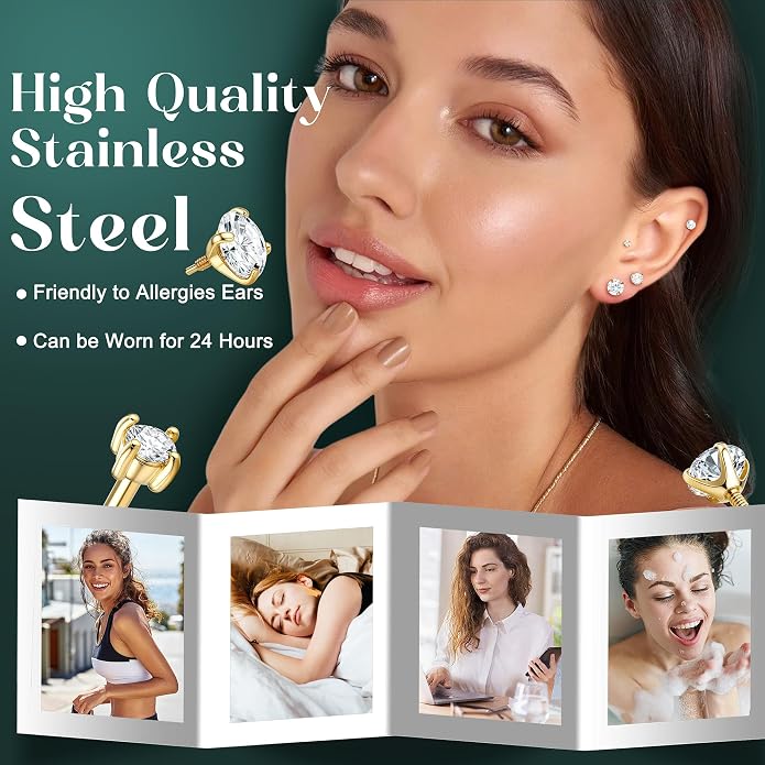 GEMQUEEN Reversible Flat Back Earrings Studs Hypoallergenic - 14K Gold Filled Surgical Steel Earring 18G Cartilage Helix Tragus Conch Piercing Jewelry Extended Internal Thread Earrings for Women Men