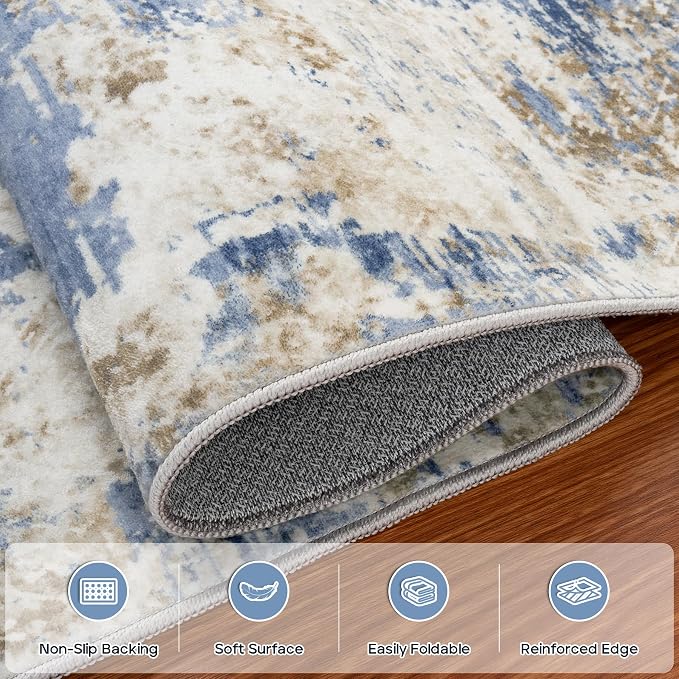 10x14 Area Rugs Large Living Room Rug Washable: Modern Abstract Rug Indoor Modern Carpet Non Slip for Dining Room Bedroom Nursery Home Office Blue