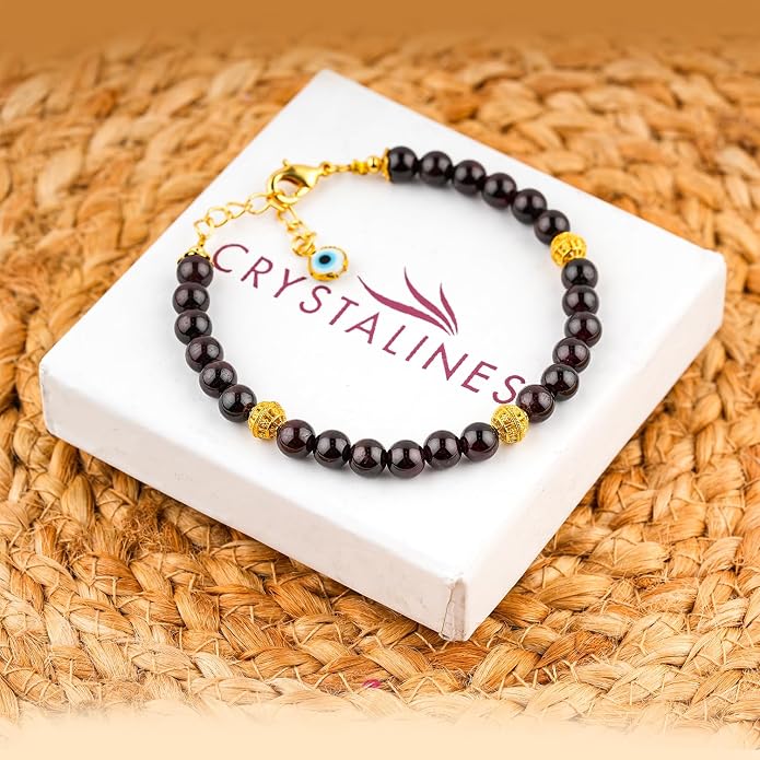 AAA Grade Natural Gemstone Beaded Bracelet, 14K Gold Plated with Evil Charm, Wicca & Reiki Healing Crystals, Handmade Bohemian Jewelry, Christmas Gift for Women (7+1inch)