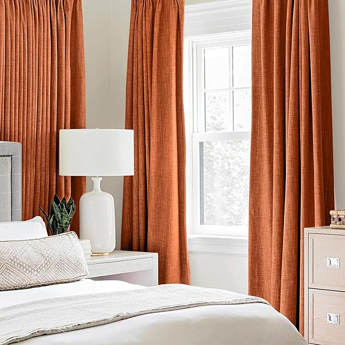 MIULEE Linen Curtains for Bedroom 100% Blackout Thermal Insulated Orange Grommet Room Darkening Curtains & Drapes Fall Decor for Living Room 52 x 90 Inch (2 Panels)