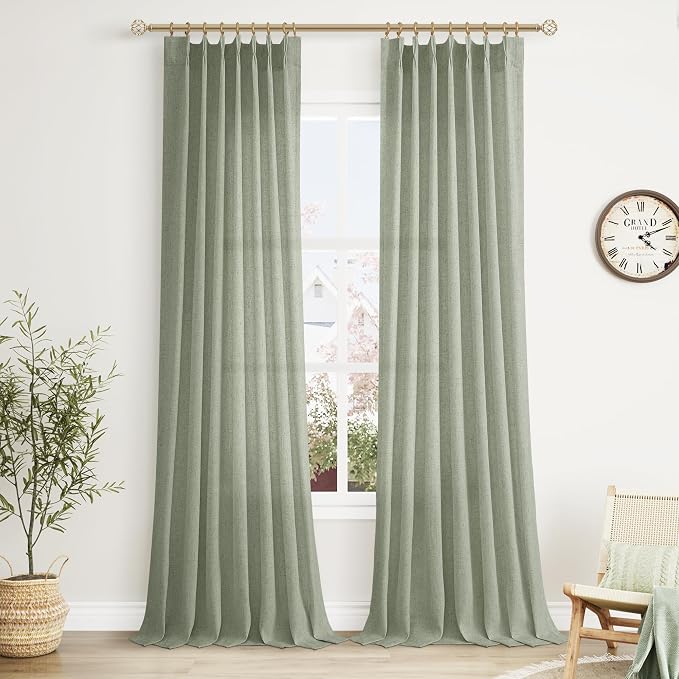 Pleated Linen Green Curtains 96 Inches Long for Living Room 2 Panel Set Semi Sheer Light Filtering Sage Pinch Pleat with Hooks Back Tab Drapes Farmhouse Boho Spring 96 Inch Curtain for Bedroom Window