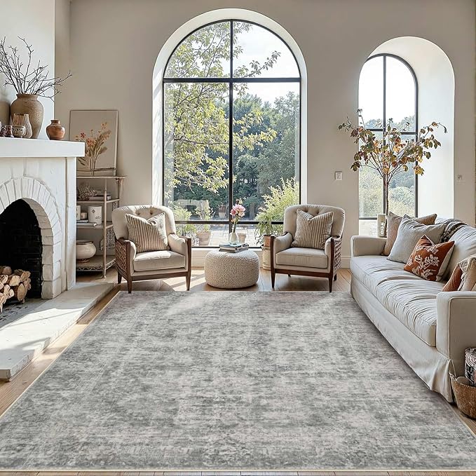 Rugxara Grey 8x10 Area Rugs for Living Room Bedroom Large Washable Rug | Non Slip, Rug for Dining Room Office Kids Room, Stain Resistant, Soft, Low Pile, Vintage Boho Retro Carpet,Home Decor