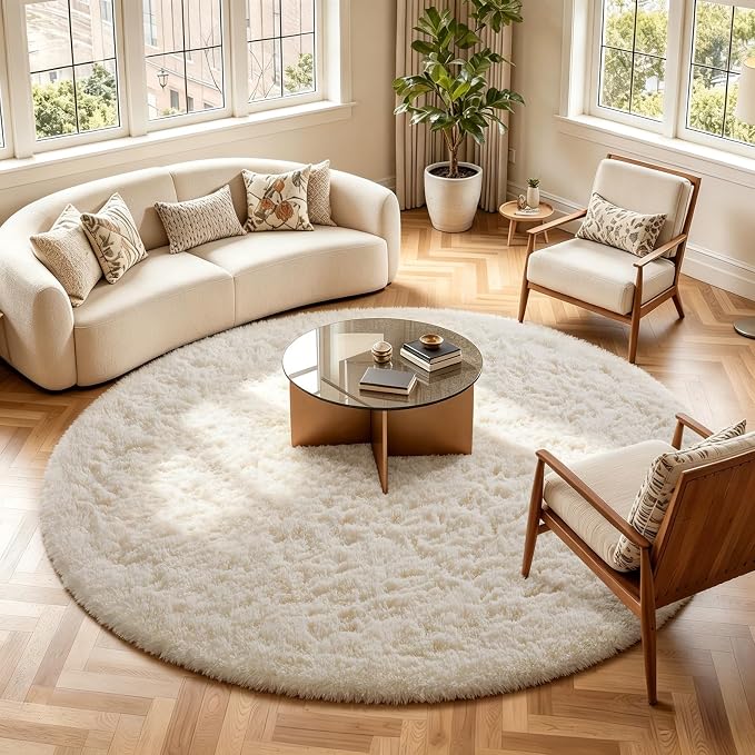 Ophanie Round Rugs 8Ft Ivory Circle Area Rug Washable, Large Living Room Aesthetic Decor, Fluffy Fuzzy Bedroom Big Carpet,Plush Soft Shaggy Cream for Kids Home Nursery with Over 99 pcs Pile fibers