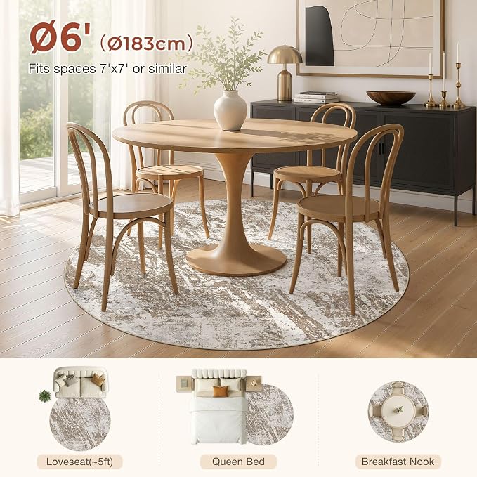 DMOYEST 6ft Round Washable Area Rug for Living Room: Modern Abstract Neutral Circle Carpet, 6x6 Soft Low Pile Non-Slip Floor Mat for Bedroom Under Dining Table, Kids & Pet - Brown