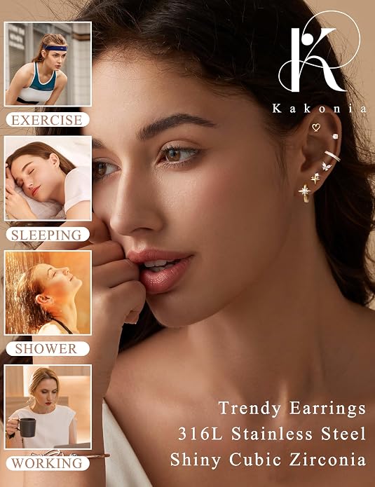 Kakonia Hypoallergenic Flat Back Earrings for Women Men Surgical Steel Earring for Sensitive Ears, 14K Gold Plated Stainless Steel Flatback Stud Hoop Cartilage Earring Stacks for Multiple Piercing
