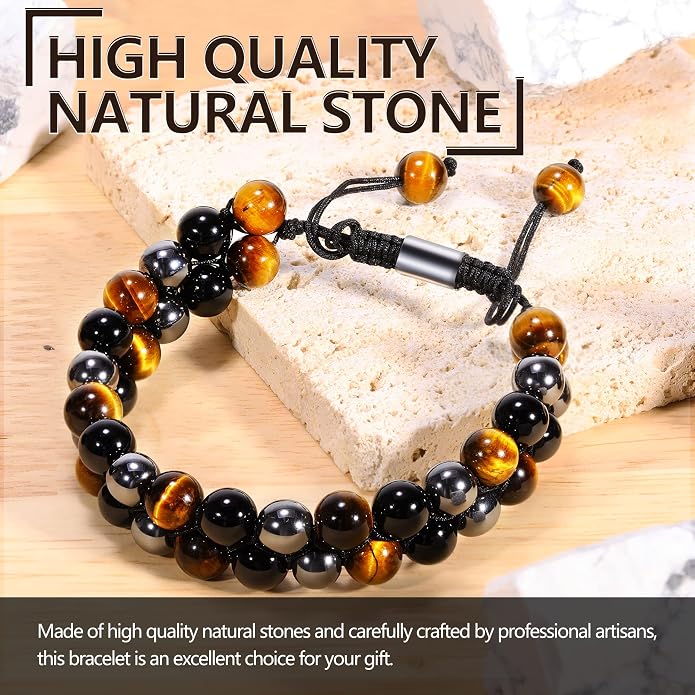 Triple Protection Bracelet, Genuine Tigers Eye Black Obsidian and Hematite 8mm Beads Bracelet for Men Women, Crystal Jewelry Stone Bracelets Gifts for Men Bring Luck Prosperity