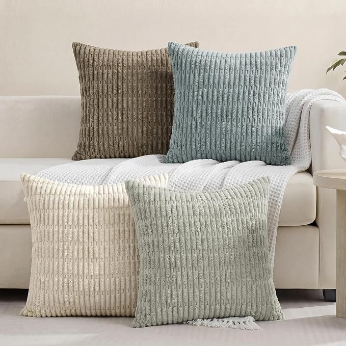 Softalker Throw Pillow Covers 18x18 Inch, Set of 4, Corduroy Soft Striped Farmhouse Boho Pillow Cover, Modern Decorative Cushion Pillow Case for Couch Sofa Bedroom Living Room, Grey/Beige