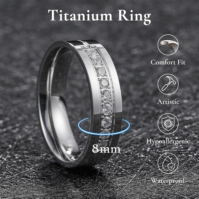King Will Men's Titanium Wedding Band - 8mm Polished Band with Step Edges and Cross Design Featuring White Zirconia Insets Comfort Fit Size 7-14