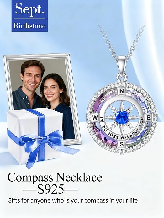 TOUPOP Necklace Gifts for Wife Compass Jewelry Women Anniversary Girlfriend Birthday Gift for Her Valentines I'd be Lost without You Sterling Silver Birthstone Necklaces