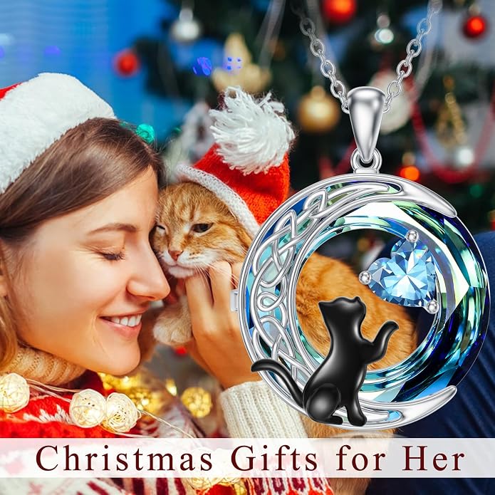 TOUPOP Cat Gifts for Cats Lovers 925 Sterling Silver Black Cat Necklace Celtic Moon Birthstone Jewelry for Women Anniversary Birthday Gift for Her Wife Mom