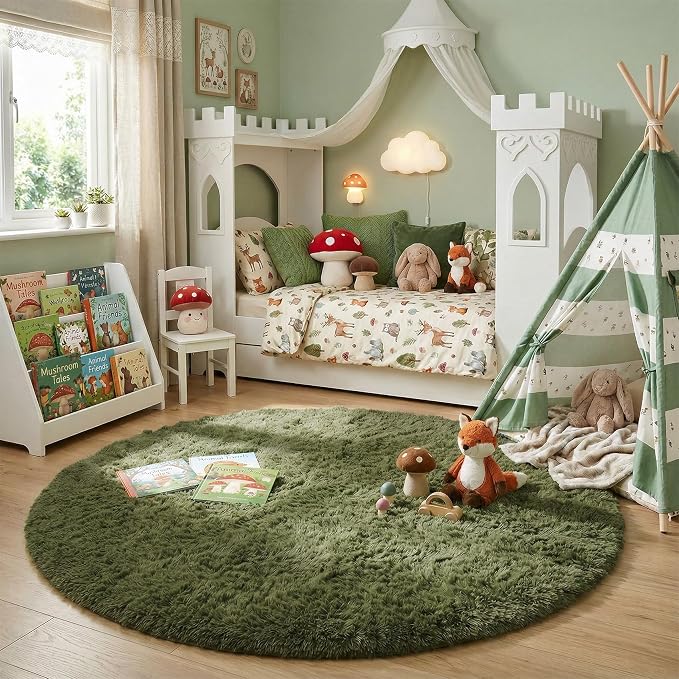 Amdrebio Olive Green Round Rug 4Ft for Bedroom Living Room, Fluffy Shaggy Modern Circle Area Rugs for Kids Room, Soft Plush Fuzzy Shag Carpet for Dorm Playroom Office Nursery Classroom, Home Decor