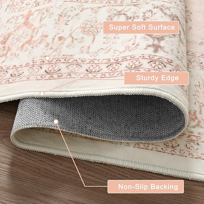LIVEBOX Washable Oriental Runner Rug 2.5x8 - Long Vintage Tribal Pink for Kitchen Boho Non-Slip Hallway, Low-Pile Accent Throw Area Rug for Laundry Room
