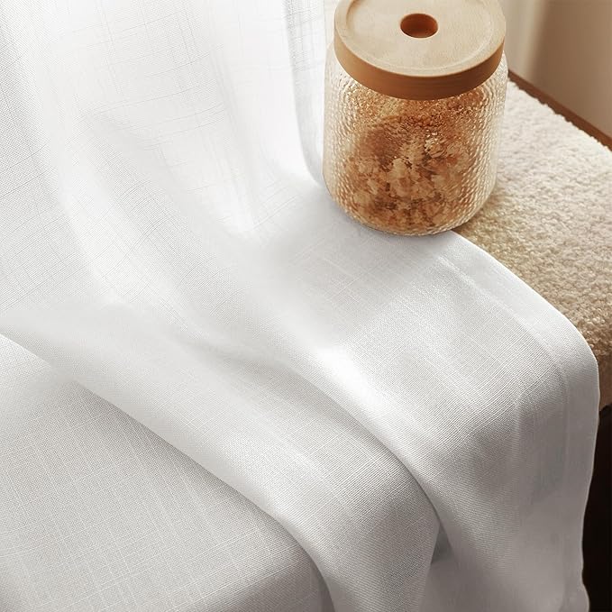 Linen White Curtains 90 inches Long for Bedroom Loop Pocket Privacy Light Filtering Semi Sheer White Boho Farmhouse Curtain Drapes Cotton Textured Modern Elegant Coastal Living Room Decor 60x90