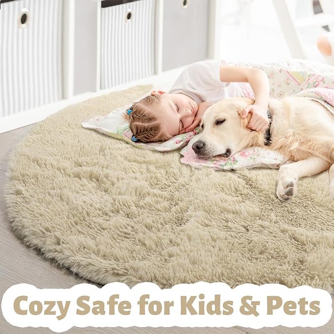 Amdrebio Beige Round Area Rug 6Ft for Living Room Bedroom, Fluffy Plush Shag Furry Circle Rugs for Kids Room Decor Aesthetic, Fuzzy Tan Neutral Circular Carpet for Baby Nursery Classroom Teens Dorm
