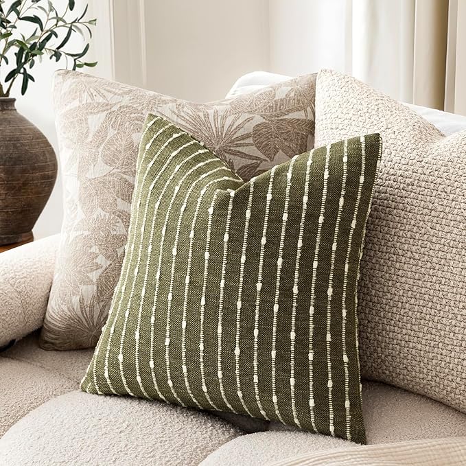 Foindtower Pack of 2 Decorative Jacquard Boucle Throw Pillow Covers Accent Textured Striped Pillowcases Soft Boho Modern Cushion for Couch Sofa Bedroom Living Room Home Decor 22x22 Inch Olive Green