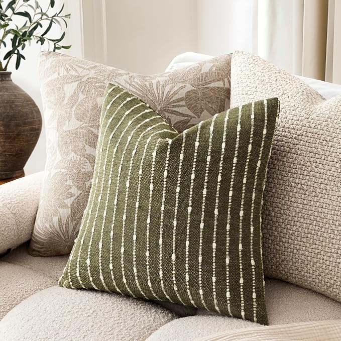Foindtower Pack of 2 Decorative Jacquard Boucle Throw Pillow Covers Accent Textured Striped Pillowcases Cozy Modern Cushion for Couch Sofa Bedroom Living Room Home Decor 18x18 Inch Olive Green