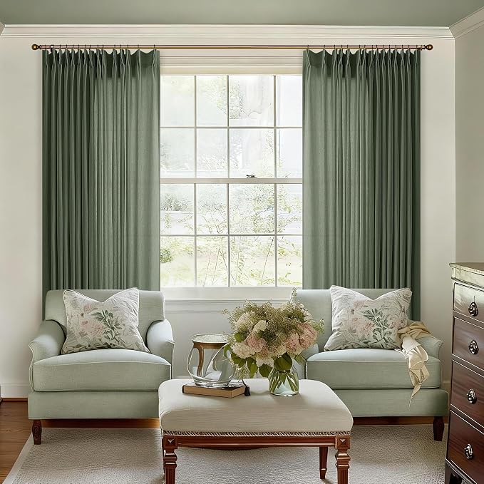 Extra Wide Pinch Pleated 96 Inch Long Linen Curtains 100 Inches Wide | Olive Green, Light Filtering Semi Sheer, Pinch Pleat Curtain, for Living Room Patio Sliding Door, Ceiling to Floor, 1 Panel