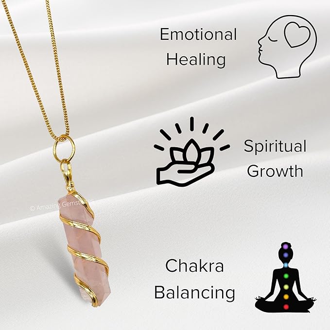Amazing Gemstone Rose Quartz Crystal Necklace Pendant For Women, Gold Wire Wrapped Dainty Minimalist Healing Crystal Necklaces For Men Unisex Necklace Jewelry Adjustable Chain & Leather Cord