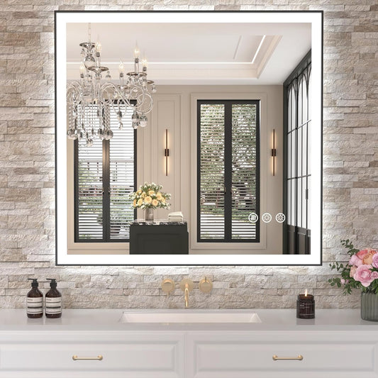 Amorho 40"x 38" LED Bathroom Mirror with Black Frame, Front Light and Backlit(Controlled Separately), Stepless Dimmable, Anti-Fog, Shatter-Proof, 3 Colors, Memory