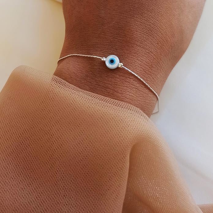 Minimalist Evil Eye Charm Bracelet – Handmade Delicate Good Luck Jewelry for Women – Adjustable 6.5” + 1” Extender