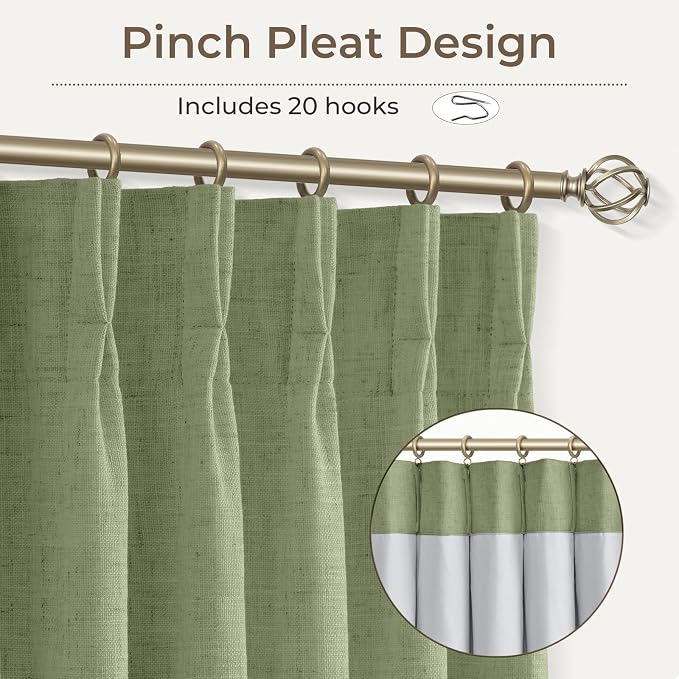 CAPALOCA Pinch Pleated Curtains Blackout, Linen Blackout Curtains 90 inches Long 2 Panels Set for Bedroom, Thermal Insulated Pinch Pleated Drapes for Living Room, 40"W x 90"L (Pack of 2), Sage Green