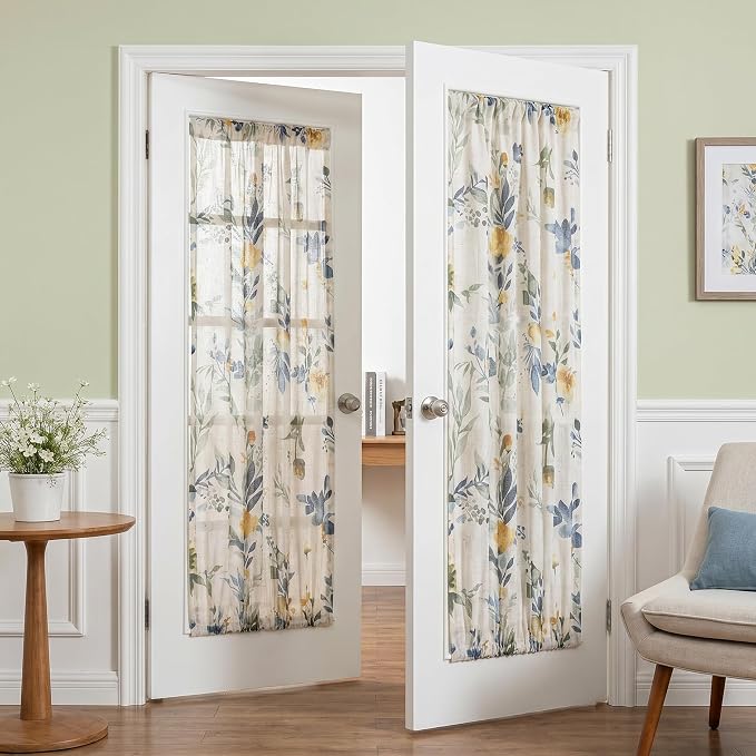 MYSKY HOME Floral Linen French Door Curtains Blue Farmhouse Privacy Door Window Curtains Semi Sheer Light Filtering Rod Pocket Curtain for Patio Glass Door, Each 26" W x 72" L, 2 Panels