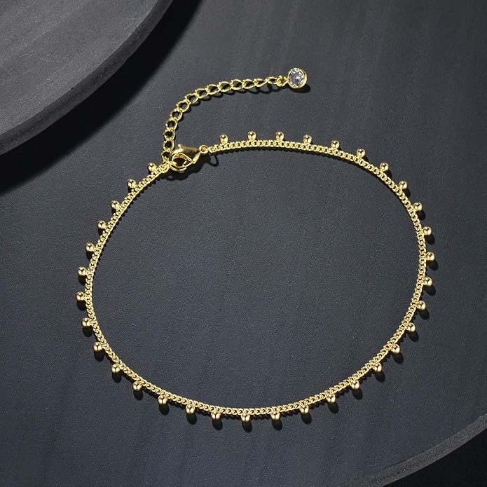 LOYATA Dainty Ankle Bracelet,14K Gold Plated Tiny Bead Anklet Dainty White Cubic Zirconia Cross Tassel Foot Chain Cute Lucky Moon Evil Eye Foot Jewelry Boho Anklets for Women