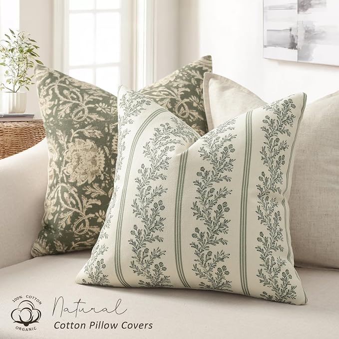 Vintage Throw Pillow Covers 22x22 Set of 2, Striped Floral Pillow Cover Botanical Patterned Decorative Cushion Covers Modern Farmhouse Home Decor for Sofa Couch Bed Living Room, Moss Green