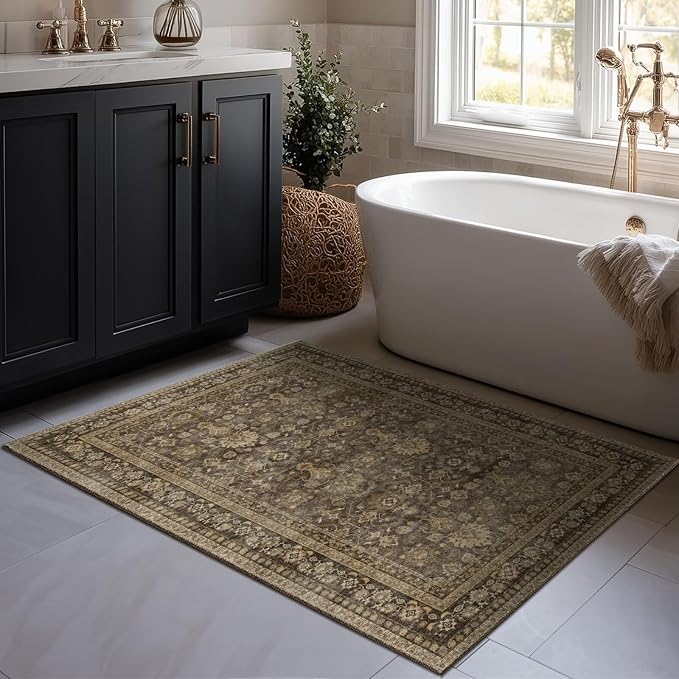 Washable 2x3 Entryway Rug, Boho Vintage Non-Slip Door Mat, Deep Brown | 0.3" Neutral Throw Small Rugs for Bedroom Kitchen Nursery Entrance, Cushioned for High-traffic Area
