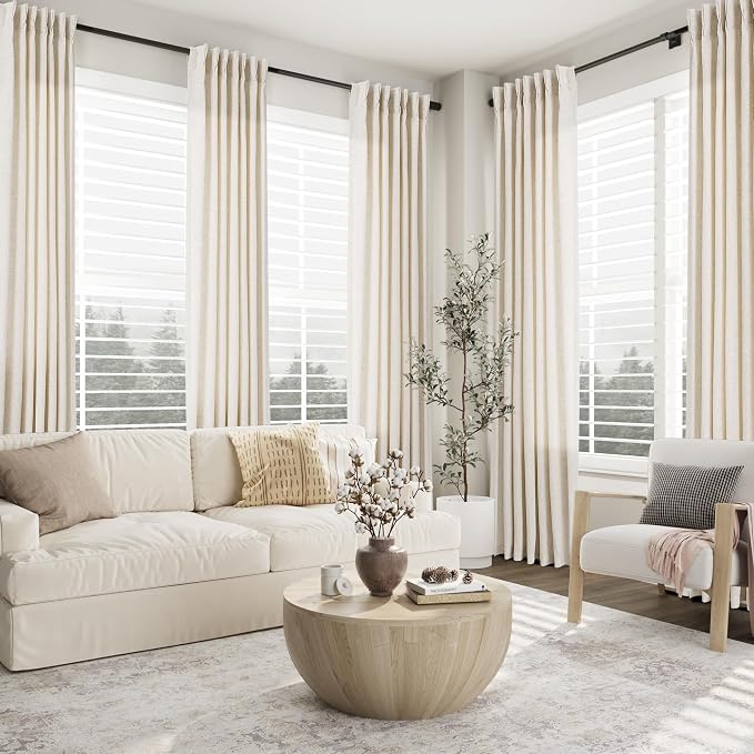 Aersas Natural Pinch Pleat Linen Curtains 102 Inch Length 2 Panels Set for Bedroom Dining Room Semi Sheer Linen Boho Farmhouse Neutral Window Curtains 102 Inches Long for Living Room Nursery 50x102