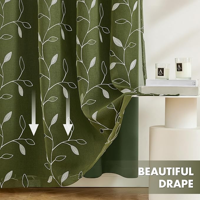 MIULEE Olive Green Double Layer Curtains 84 Inches Long, Leaf Patterned Sheer Floral Drapes and Blackout Room Darkening Window Curtains for Living Room Bedroom, Grommets Top, 52" W x 84" L, 2 Panels