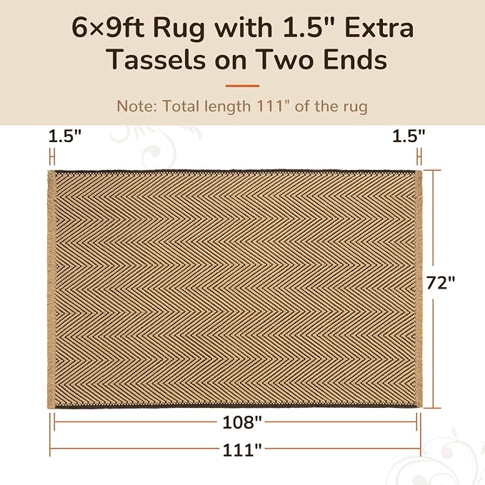 6x9 Washable Boho Area Rug with Tassels for Living Room Beige Coffee | Vacuum Friendly, Machine Washable, Non-Slip Rug, Modern Farmhouse Neutral Decor Carpet, Bedroom Dining Room Office Kitchen