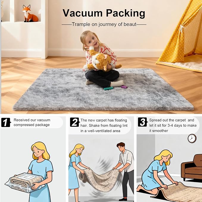 5x7 Area Rugs for Living Room, Large Fluffy Rugs for Bedroom, Fuzzy Shag Soft Non-Slip Carpet for Kids Girls and Boys Nursery Dorm Indoor Room Home Decor (5ft X 7ft, Tie-Dyed Grey)