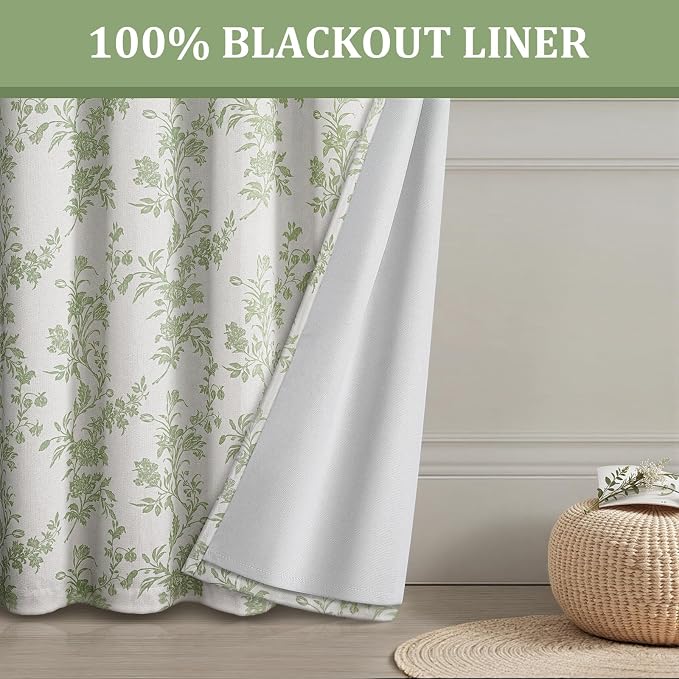 Sage Green Floral 100% Blackout Curtains for Bedroom 84 Inch Length 2 Panels Set, Farmhouse Curtains for Living Room
