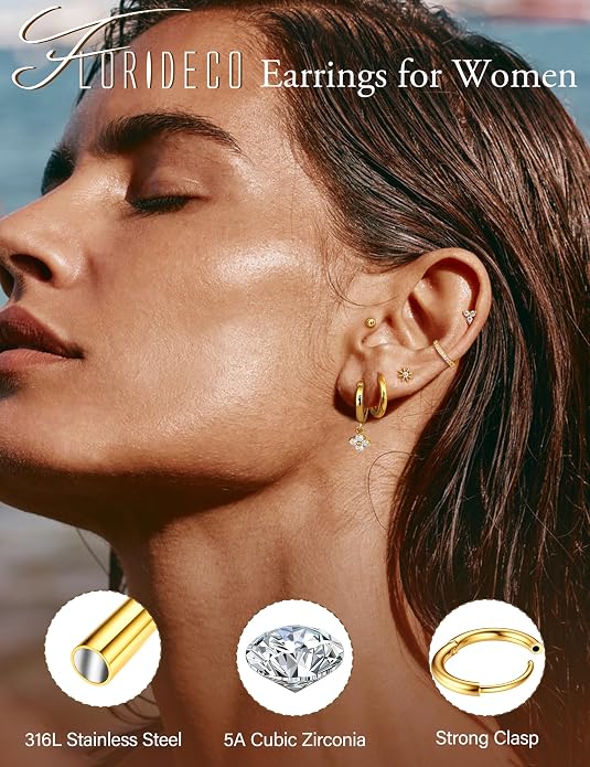 Florideco Hypoallergenic Flat Back Earrings Gold Cartilage Earring Sets for Multiple Piercing Surgical Stainless Steel Earrings for Women Trendy Earring Stacks Small Hoops Flat Back Stud Earrings